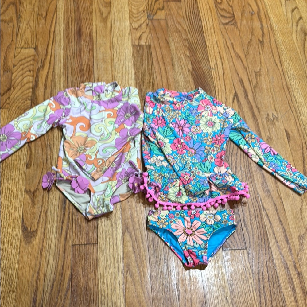Floral Kids Rashguard Set with Pom-Pom Trim